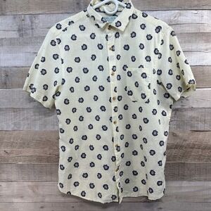 Tenth + Ocean Mens Washable Linen Cotton Hibiscus Floral Tropical Shirt Yellow M